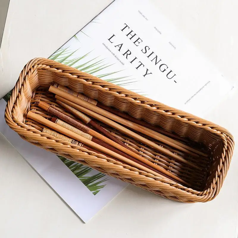Imitation Rattan Storage Baskets Waterproof Woven Space Saving Desktop Organizer for Bathroom Toiletries Storage