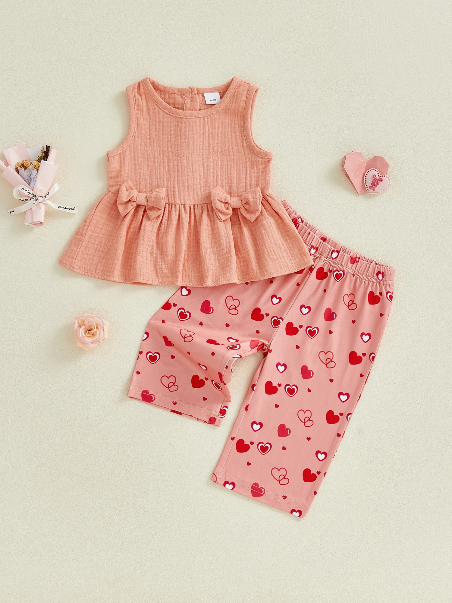 เสื้อกล้ามแขนกุดสำหรับเด็กผู้หญิงและชุดกางเกงพิมพ์ลายดอกไม้ชุดฤดูร้อนพร้อมคอกลมและรายละเอียดการแต่งระบาย