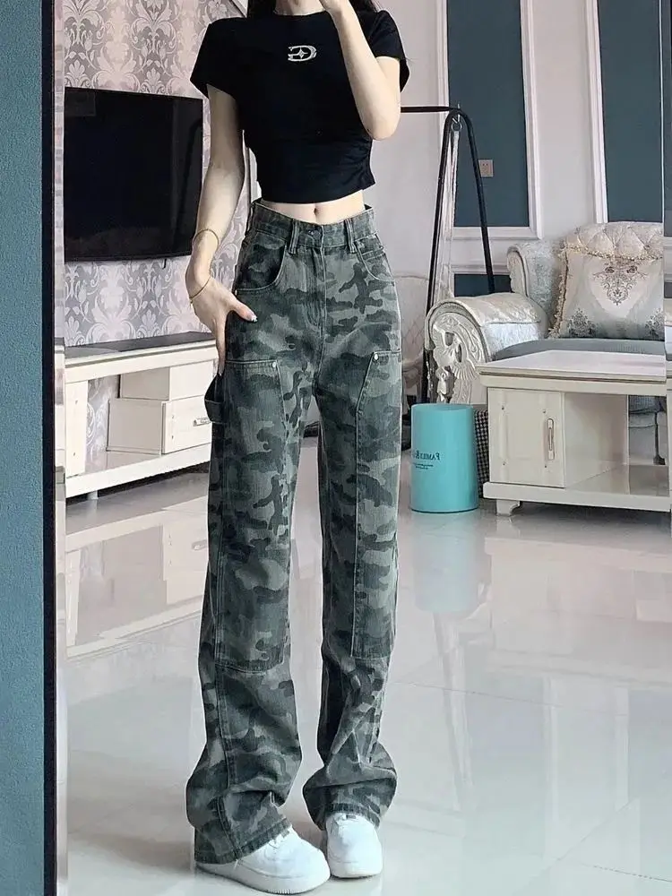 

Trousers Straight Leg Womens Jeans High Waist Shot Denim Pants for Women Camouflage Retro Aesthetic Basics Pant Vibrant Medium Z