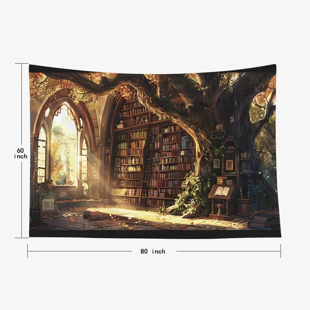 Dark Academia Library Tapestry Wall Art Enchanted Forest Bookshelf Boho Decoration Large Hanging Print 180x230cm