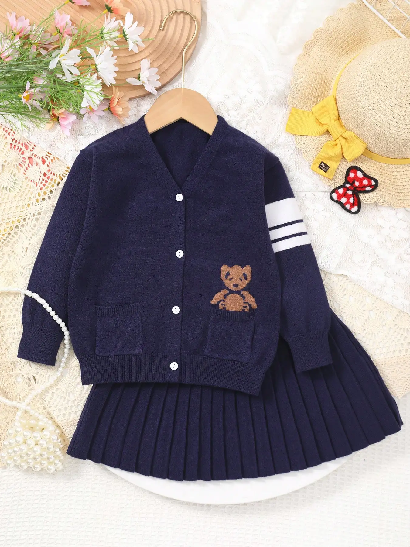 Baby Blue Retro Romantic V-Neck Design with Bear Pattern and Double Pockets Knit Cardigan + Blue Casual Sweet Pleated Skirt