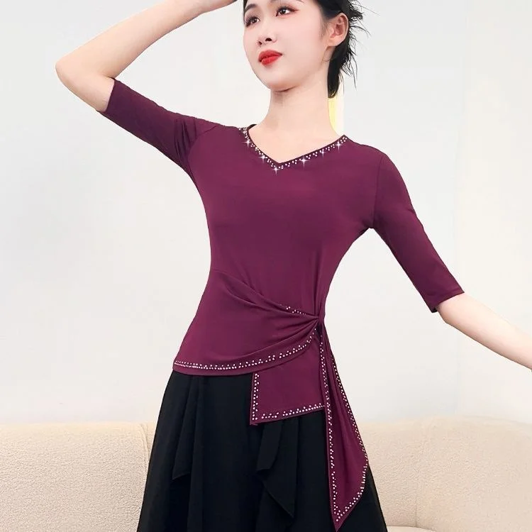 Modern Dance Short Sleeve T-Shirt Women's Fashionable Belted V-Neck Adult Dance Training Slimming Unique Top Sexy Style Polye...