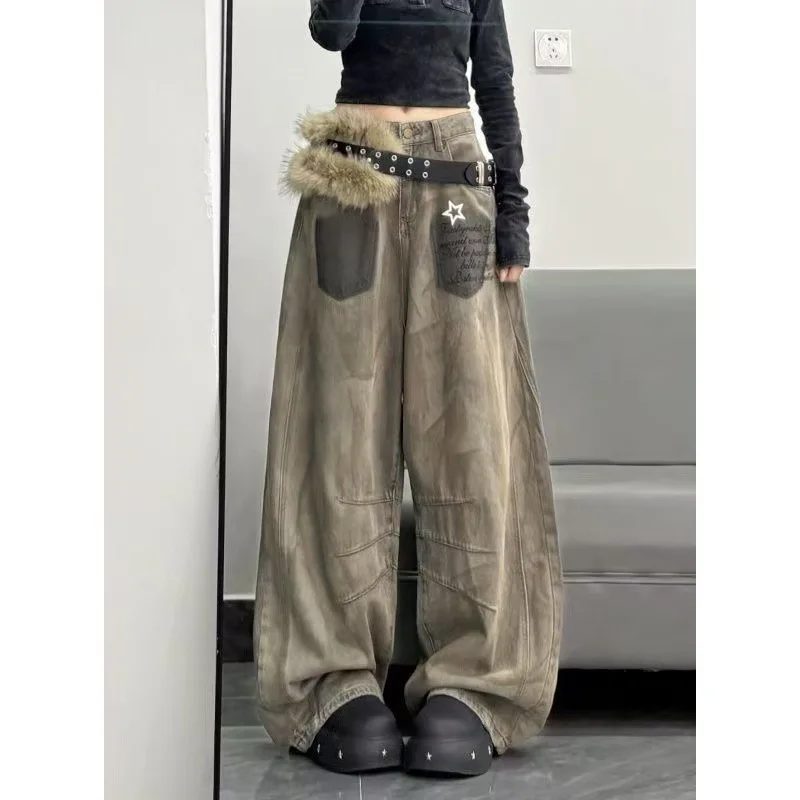 New Style of Women's Workwear Jeans Graffiti and Dirty Dyeing Featuring High-waisted Loose Slimming Floor-length Wide-leg Pants
