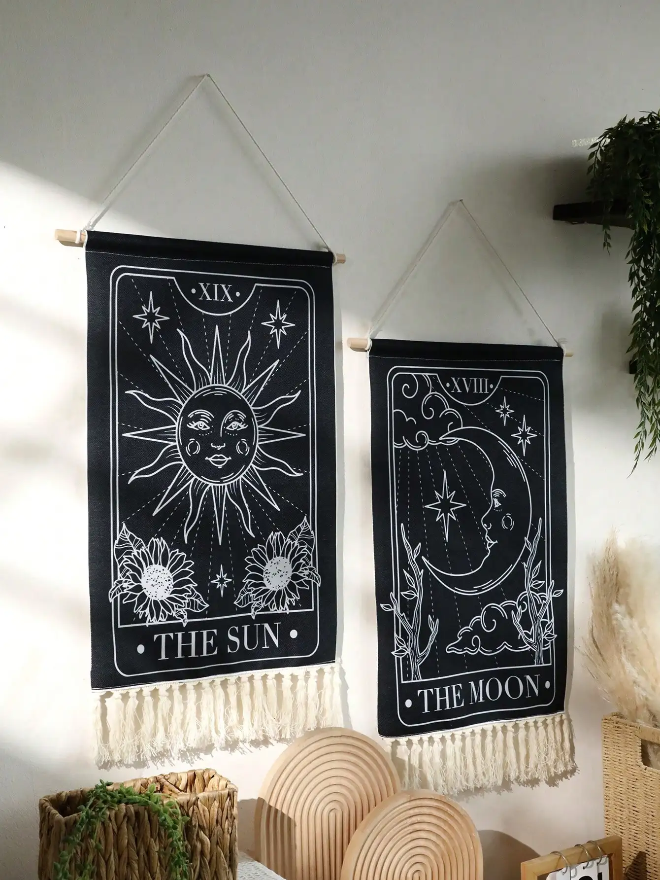 Sun And Moon Tapestry Wall Hanging Bohemian Art Home Decor With Fringe Long Linen Tapestries for Hotel Bedroom Art Decor Gifts
