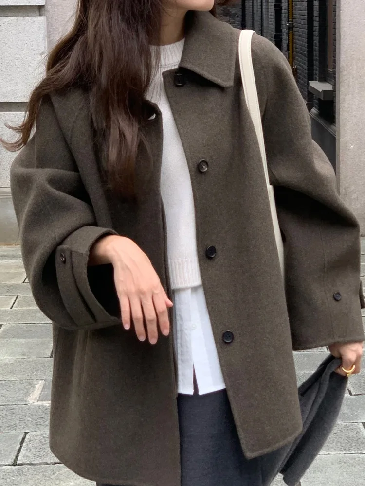 

Женское шерстяное пальто средней длины с отложным воротником на пуговицах в стиле ретро, корейское высококачественное ветровое пальто Briti