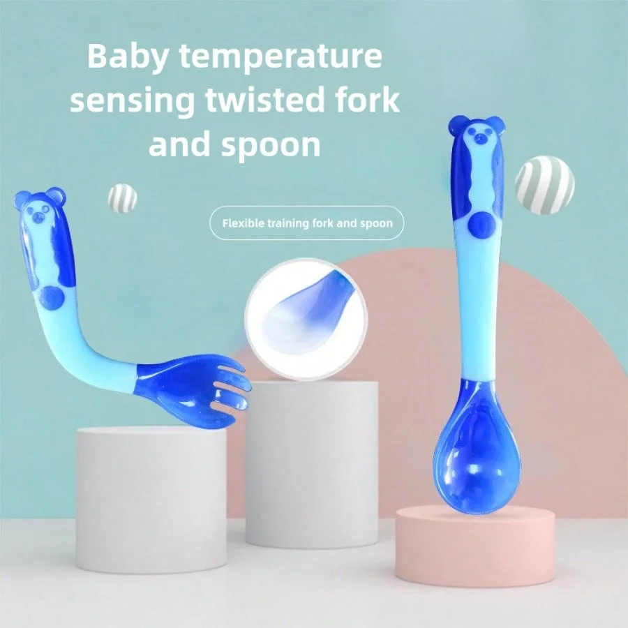 

Детская ложка, гибкая головка, обучающая вилка и ложка, набор посуды для новорожденных детей, гибкая мягкая ложка для прикорма