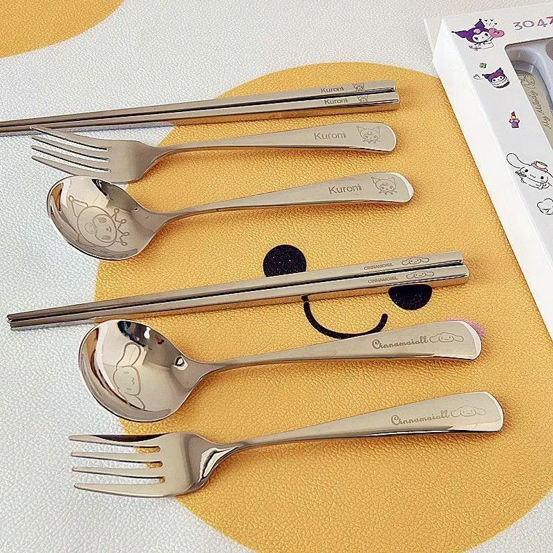 Kawaii Sanrio Kuromi Tableware My Melody Cinnamoroll Student Portable Chopsticks Spoon Fork Three Piece Set Cutlery Storage Box