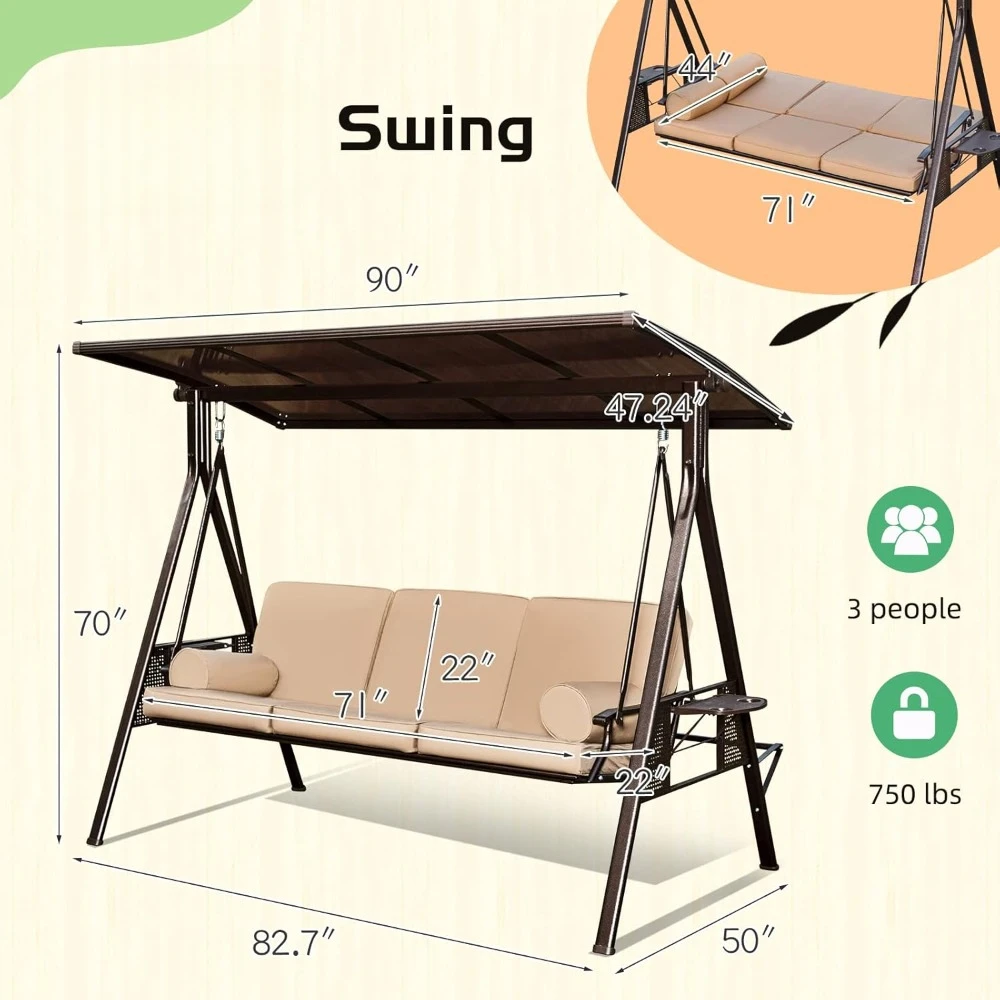 71in Outdoor Porch Swing with Hardtop, 3 Seat Patio Swing with 2 Side Cup Holder, Convertible Backrest Swing Bed with Cus