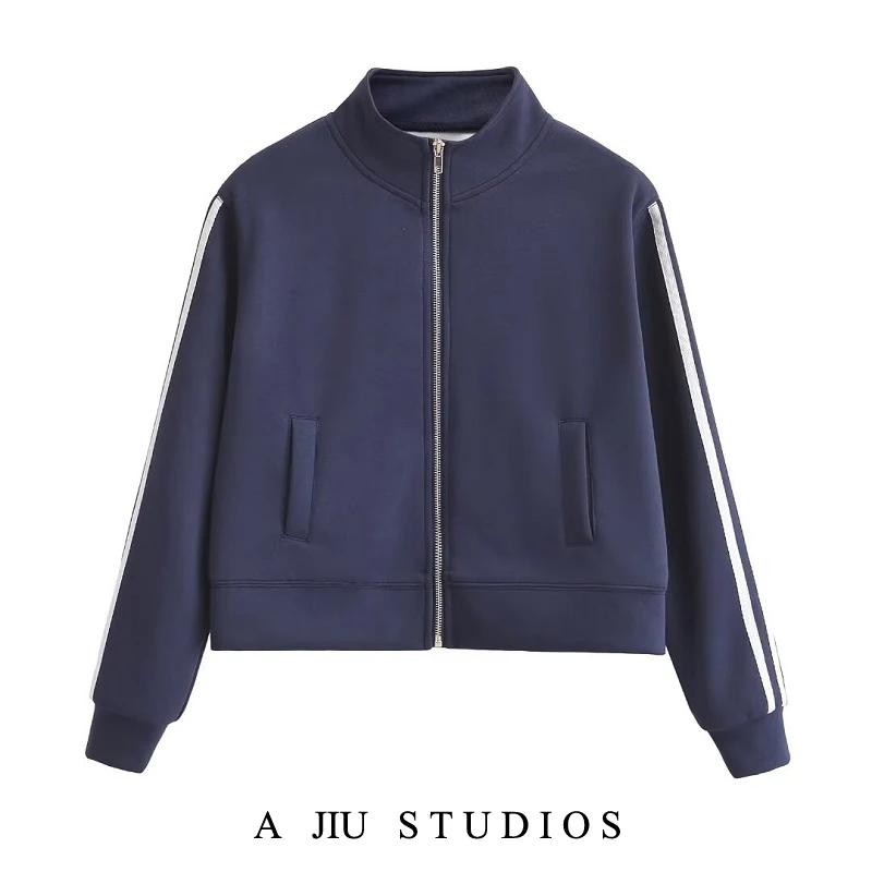 

American Retro Striped Sports Zipper Jaet Women Youth Anti-Aging College Sle Casual Slim Stand Collar ort Outerwear