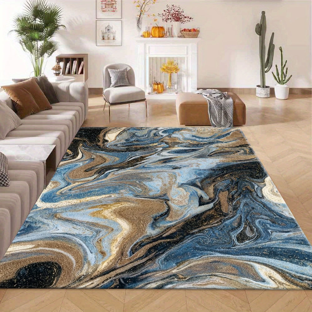Luxury Marble Swirl Abstract Area Rug Blue Gold Fluid Art Home Decor Living Room Bedroom Floor Carpet
