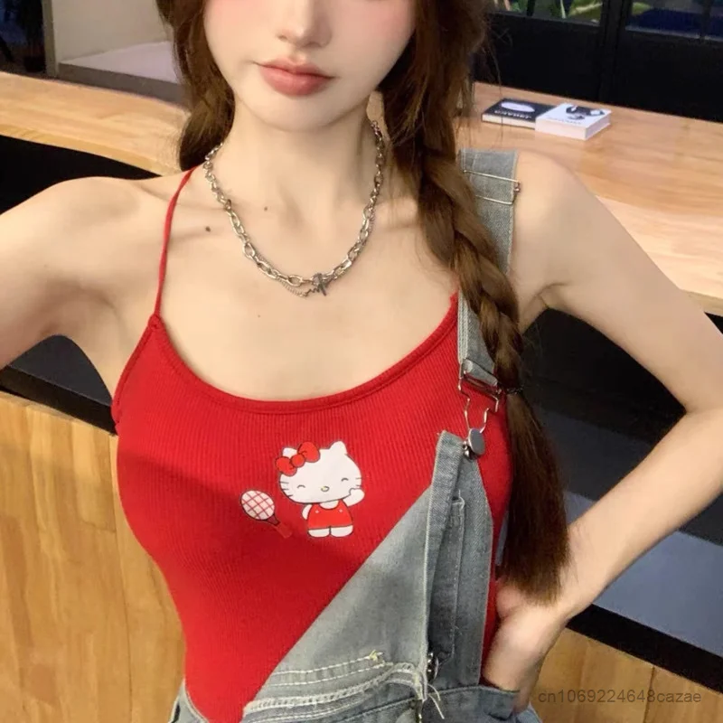 Sanrio Hello Kitty Tank Top Women Slings Fashion Red Bralette Crop Tops Open Back Design Y2k Cartoon Clothes Cute Sexy Suspender