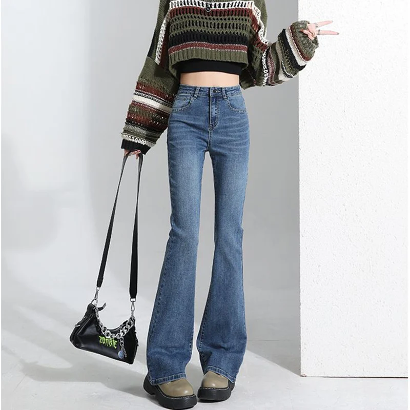 

Джинсы женские классические прямые с расклешенным низом, в корейском стиле, с высокой талией, однотонные, повседневные, для женщин