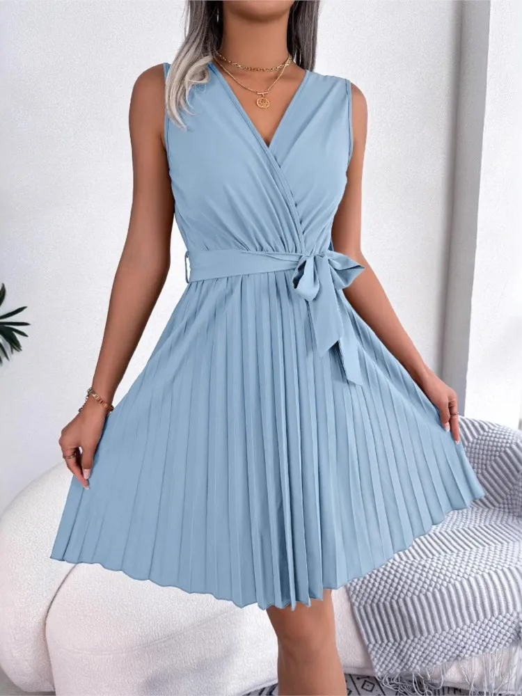 

Summer Temperament Elegant And Simple Commuting Solid Color Dress Women's Cross V-neck Sleeveless Waist Tie Pleated Dresses