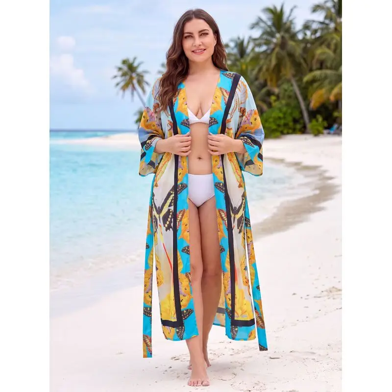 Women Lightweight Rayon Beach Cover Up for Swimming Bikini Outerwear Long Sleeve Summer Sun Protection Sarong Dress