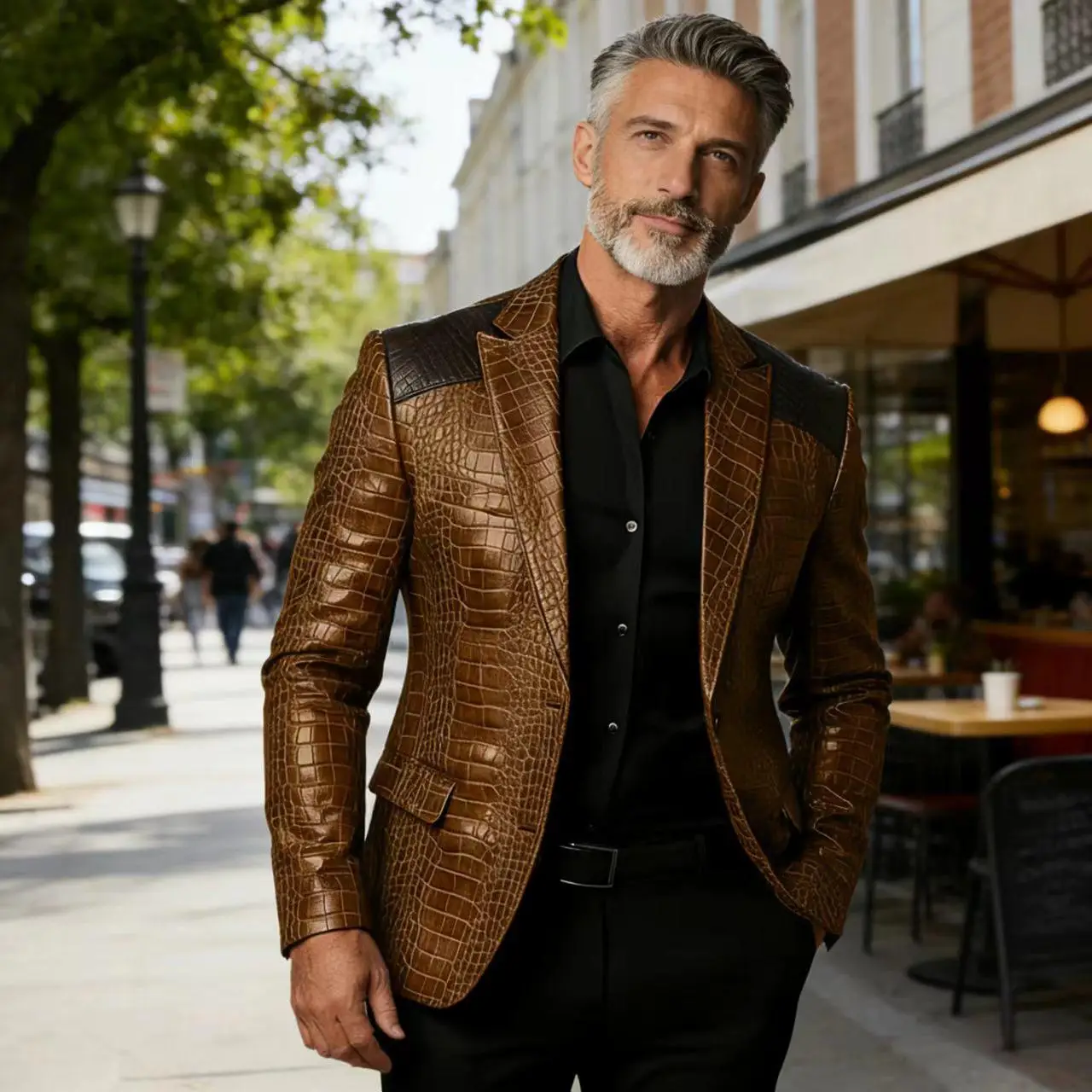 

Мужской кожаный пиджак с крокодиловым узором, комбинированный из натуральной и искусственной кожи, с вырезанными лацканами, приталенный, для делового и повседневного стиля, верхняя одежда