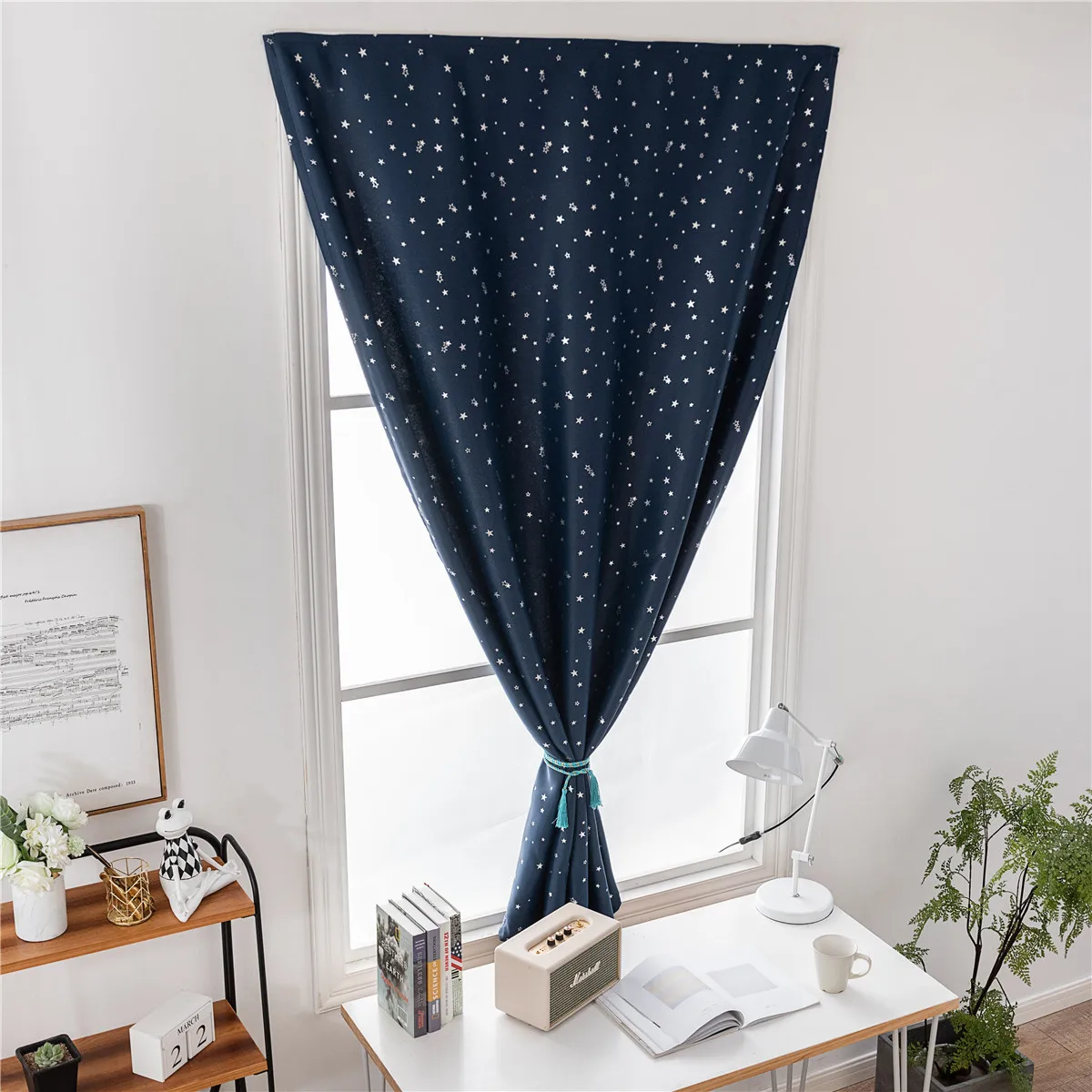 

1Pcs Silver Star Blackout Curtain 90x150cm Heavy Duty Polyester No Drill Needed Tape Fixation Window Drape for Bedroom Living