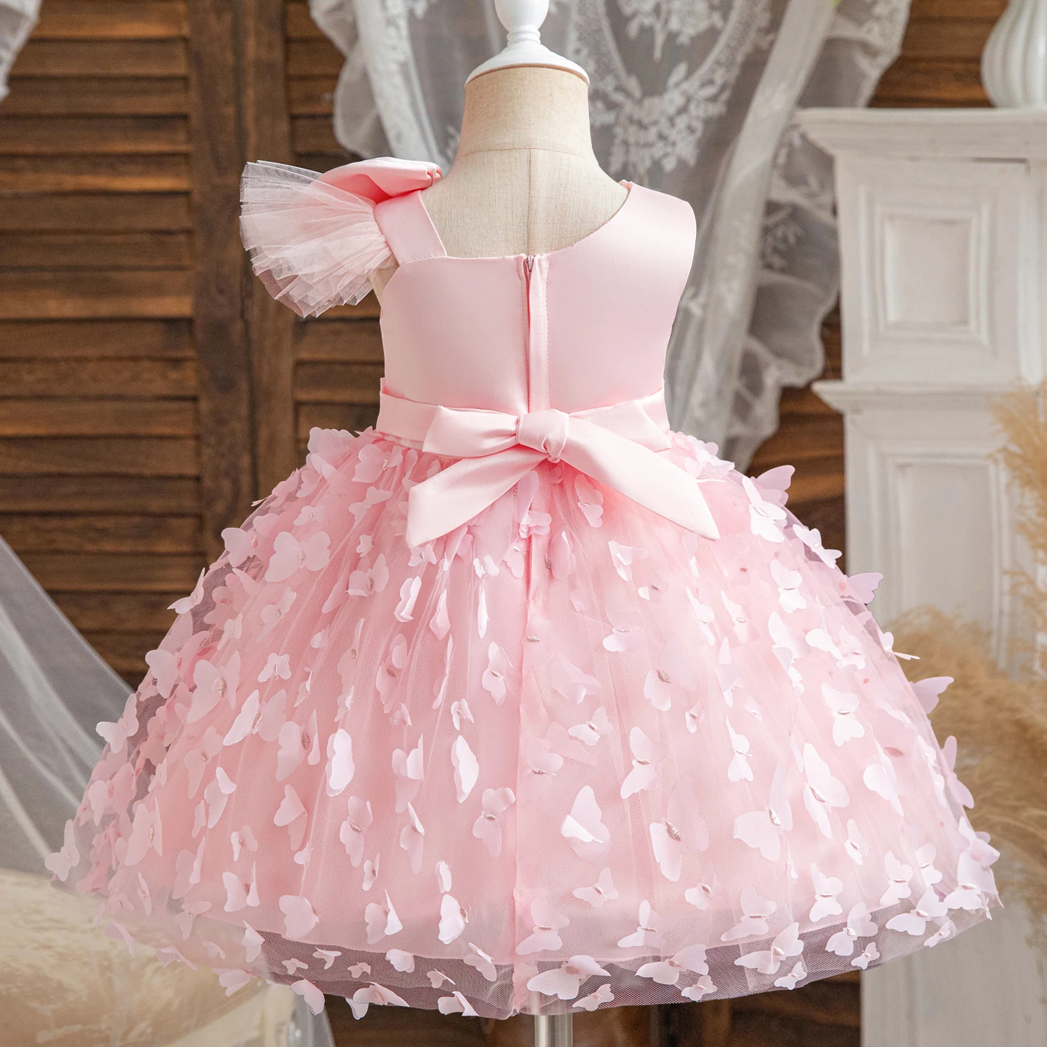 New 1-5Y Baby Girls Birthday 3D Butterfly Mesh Party Dress Toddler Kids Wedding Banquet Dress Birthday Pageant Gala Gown