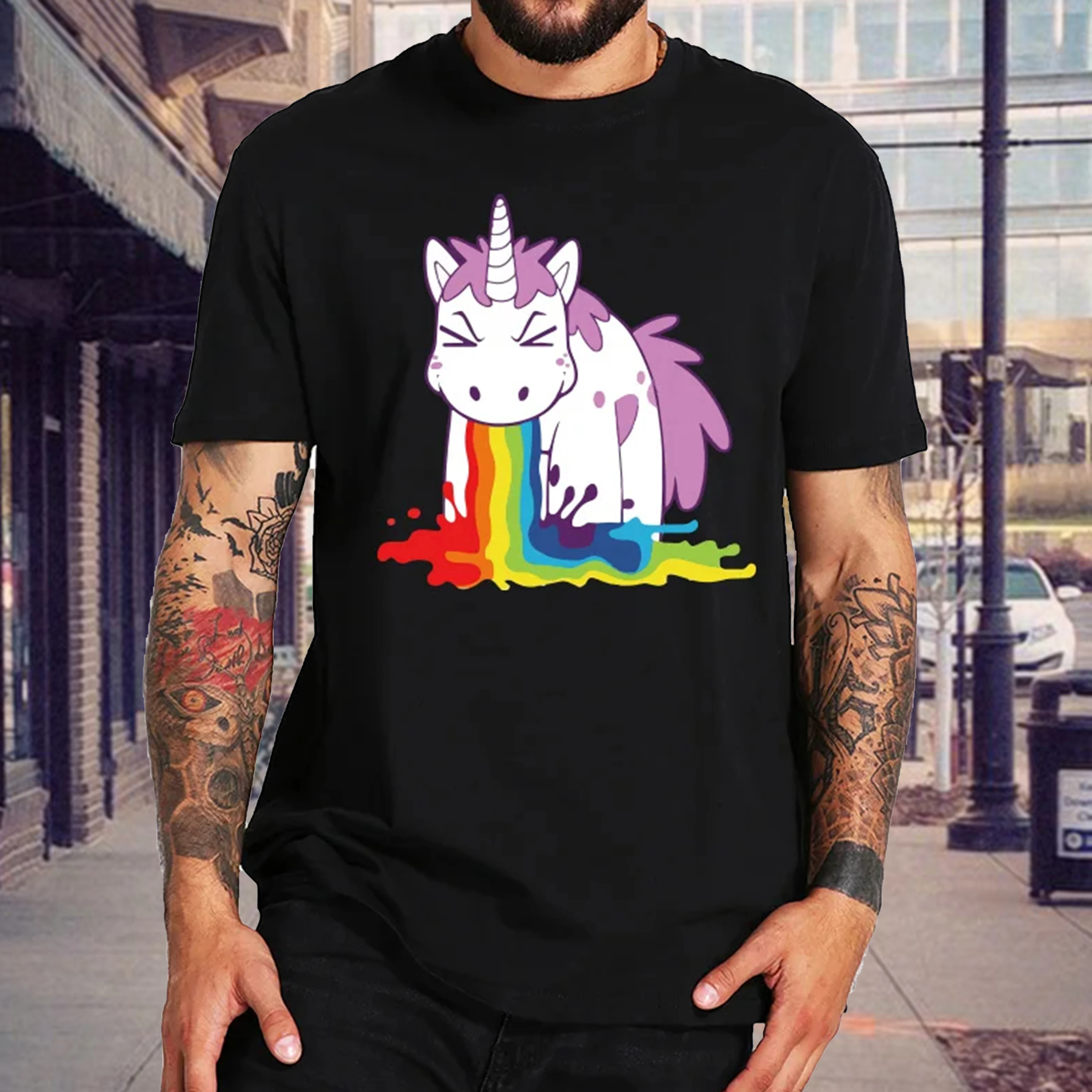 Funny Unicorn Rainbow Printed Summer Men\'s High Quality Cotton T Shirts Tops Casual Cartoon T-shirts Tops Fashion Loose Tees Top