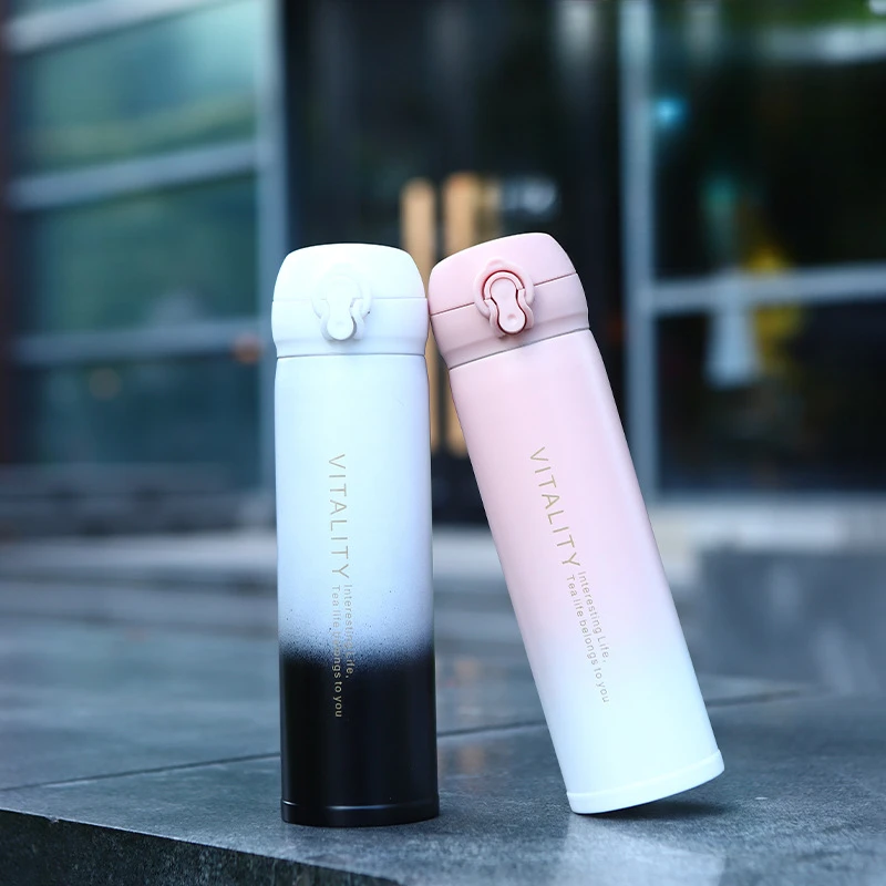 350/450ml Gradient 304 Stainless Steel Water Bottle, One Click Pop Dual Drink Insulated Flask for Women Outdoor Commute