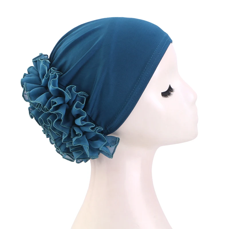 Neuer atmungsaktiver Chiffon-Hut mit großen Blumen, einfarbig, dünne Bodenkappe, islamischer Kopfwickel, elastischer Anti-Haarausfall-Hut für Damen – Detail 11