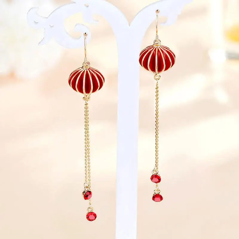 Mini Red Lantern Dangle Earrings For Women Delicate Zircon Tassel Earring New Year Weddings Engagement Party Ear Jewelry