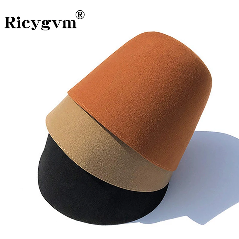Sombrero de pescador de lana de alta calidad para mujer, sombreros de cubo de Color sólido, gorra de lavabo Retro en forma de campana, gorros de sol cálidos, Otoño e Invierno