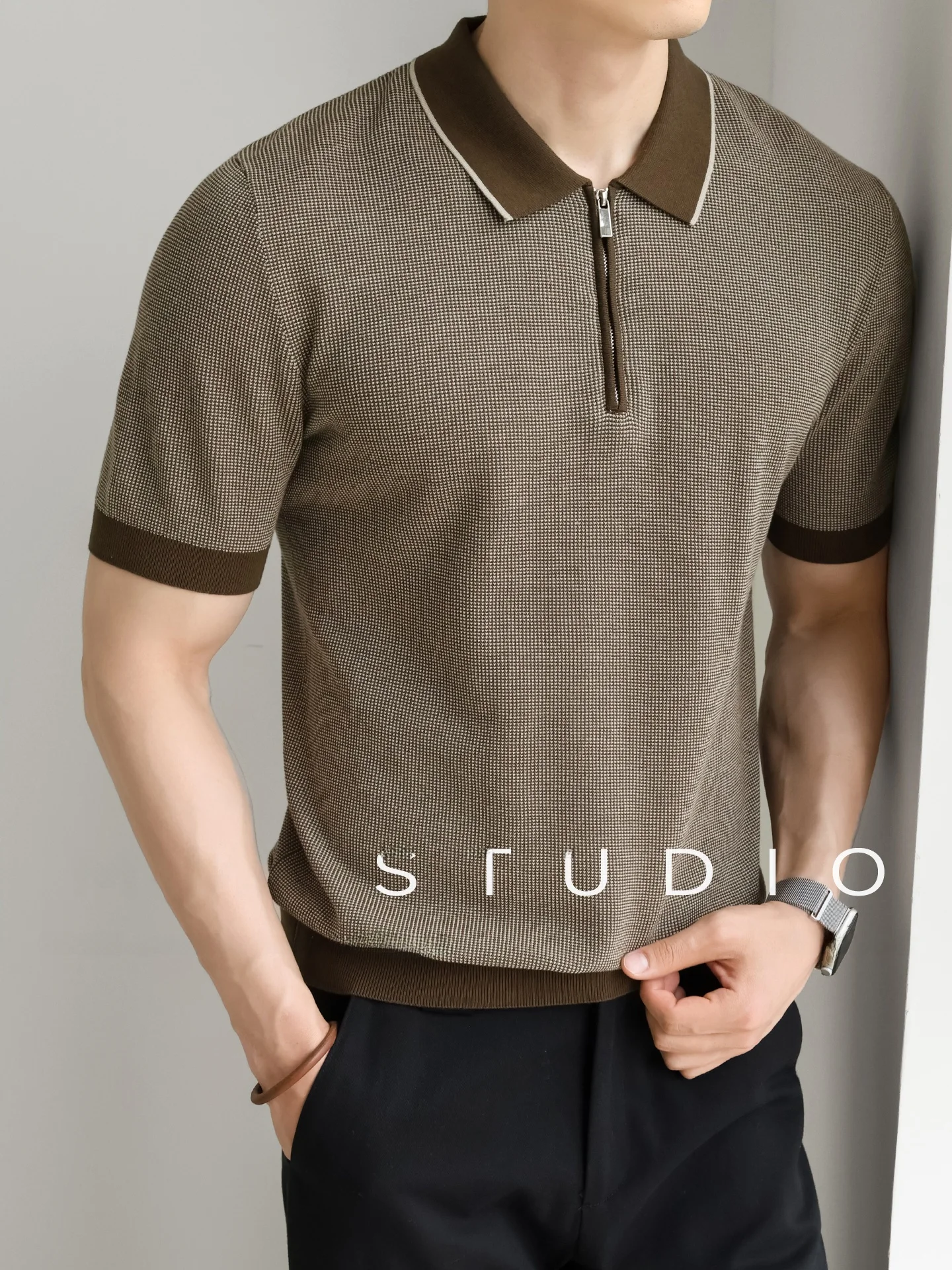 Elegant Gentleman's Natural Cotton Linen Silk Honeycomb Texture Half Zip Cool Feeling Knitted Short Sleeve  Shirt for Men