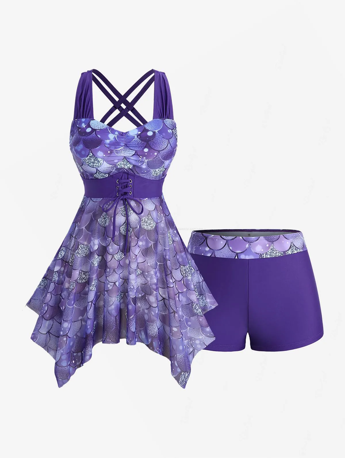 Rosegal Maiô feminino plus size com estampa sereia e renda franzida em treliça e alças cruzadas Boyleg Tankini