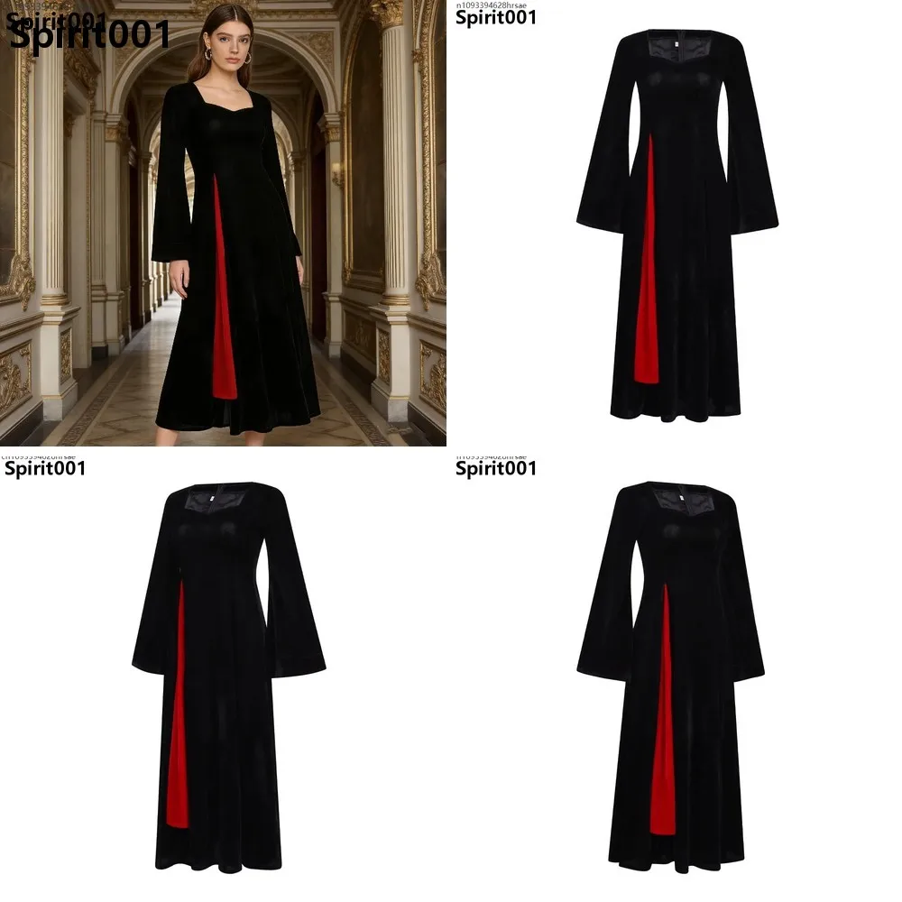 

Vintage Gothic Queen Cosplay Dress Black Red Panel Square Neck Flare Long Sleeve Elegant Evening Gown