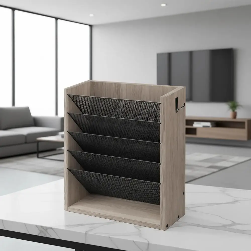 

6-уровневый деревянный настенный органайзер с крючками, нижний лоток для почты, хранение бумаг для дома или офиса, цвет серо-бежевый