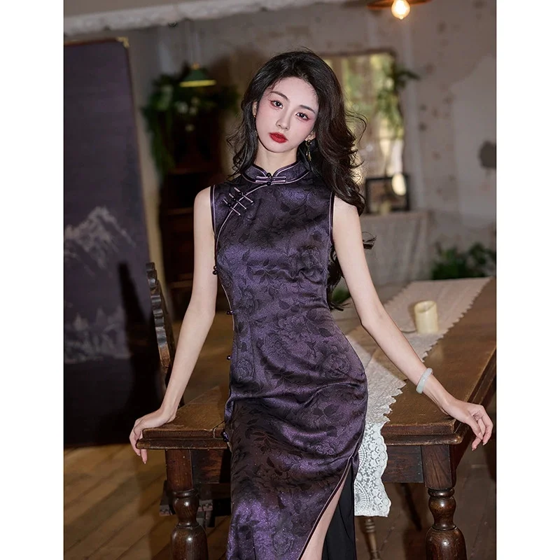 Spring/Summer New Purple Printed Cheongsam Plus Size 5XL Dress Short Sleeve Long Style Improved Retro Qipao