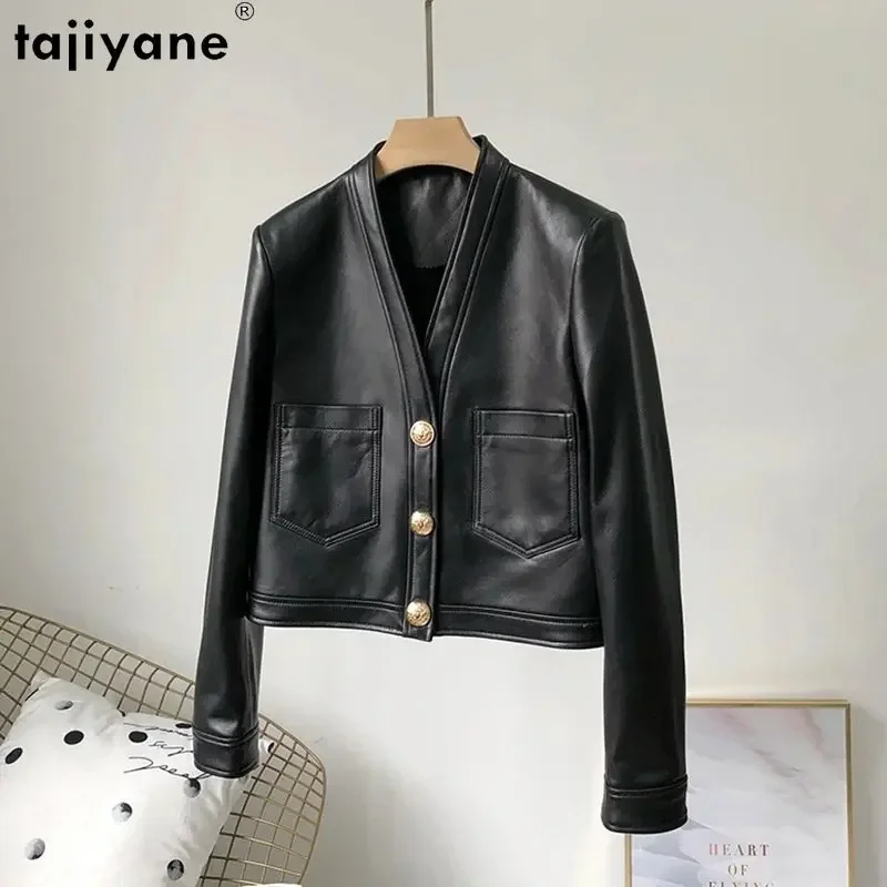 Tajiyane Genuine Sheepskin Leather Jacket Casual V-neck Short Leather Jackets Black Real Leather Coat Chaqueta De Cuero Mujer