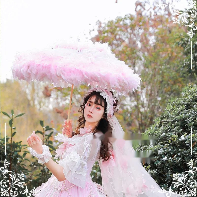 Lolita Flower Wedding Girl Sakura Christmas Lace Feather Princess Decor Car Umbrella Shade Photography Parasol Pink Feather