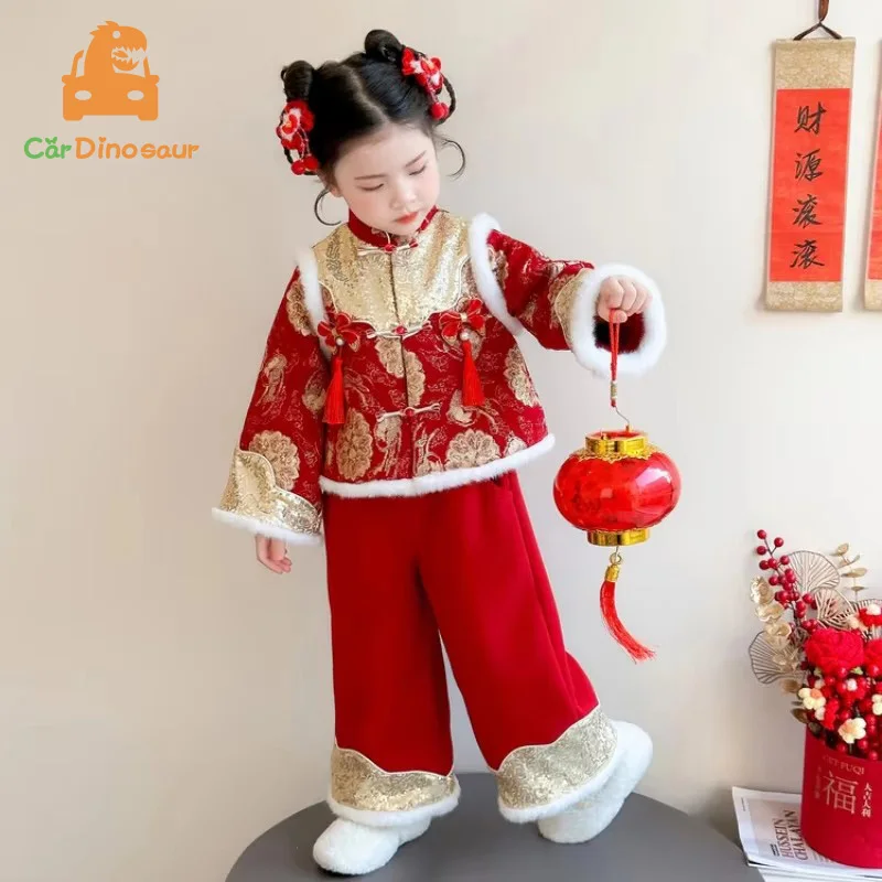Girls Hanfu Outfit Winter Children Tangsuit Glitter Traditional Chinese New Year Ethic Customes Kids Thicken Warm Sequins Suits