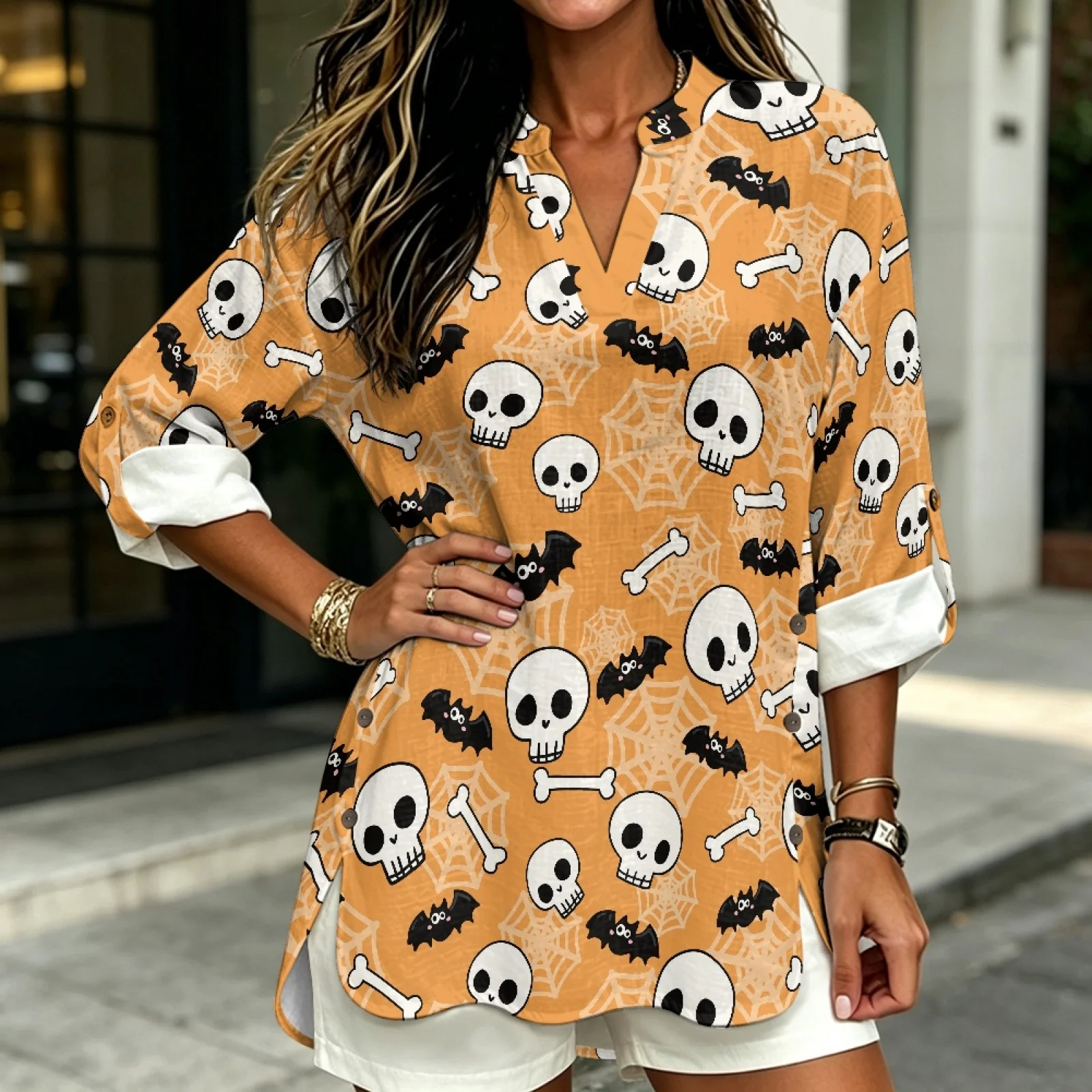 PENSTROLL Skull Pattern Lightweight Tunic Top for Resort Gatherings Linen-Like Long Sleeve Shirts Sizes S-5XL