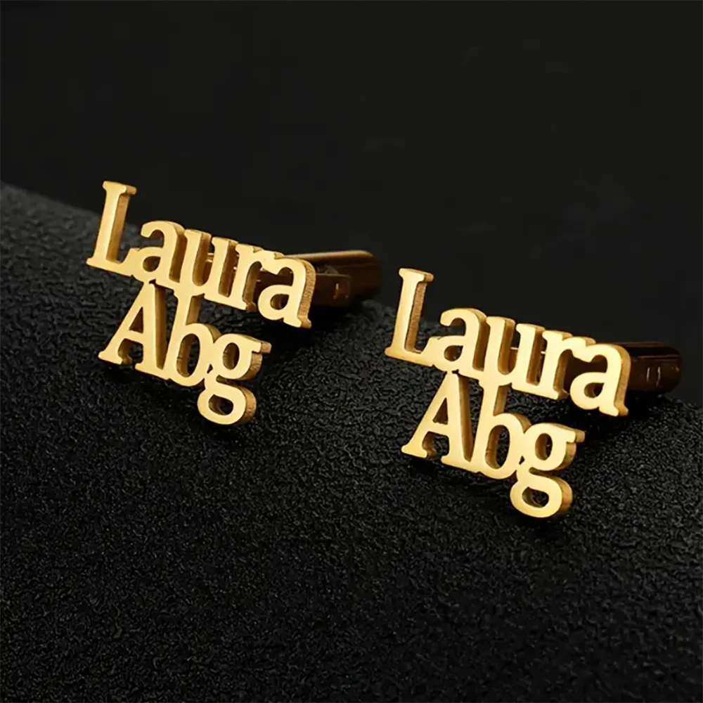 Customized Personalized Stainless Steel Exquisite Double-Layer Name Cufflinks, Hot Selling Men's Formal Sleeve Studs