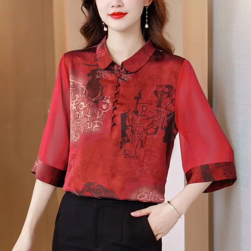 Women\'s Clothing Spring Summer New Blouse Loose Satin Shirt 2023 V-Neck Three Quarter Large Printing Elegant Fashion Vintage Top