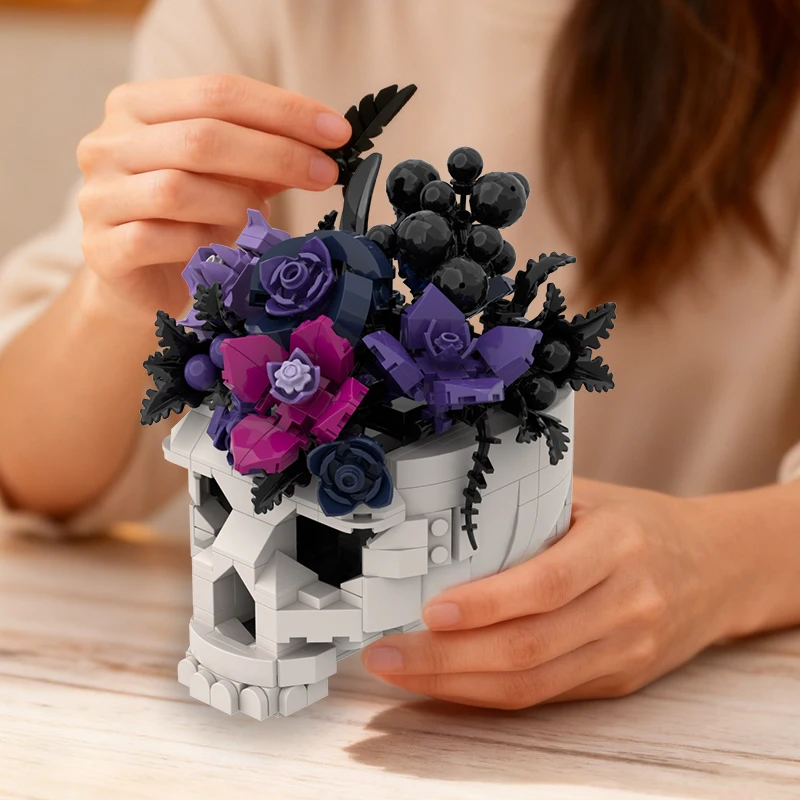 

MOC 516 шт., череп, цветок, строительные блоки, ужас, цветочный горшок, черная, фиолетовая роза, домашний декор, кирпичи, игрушка, подарок для взрослых