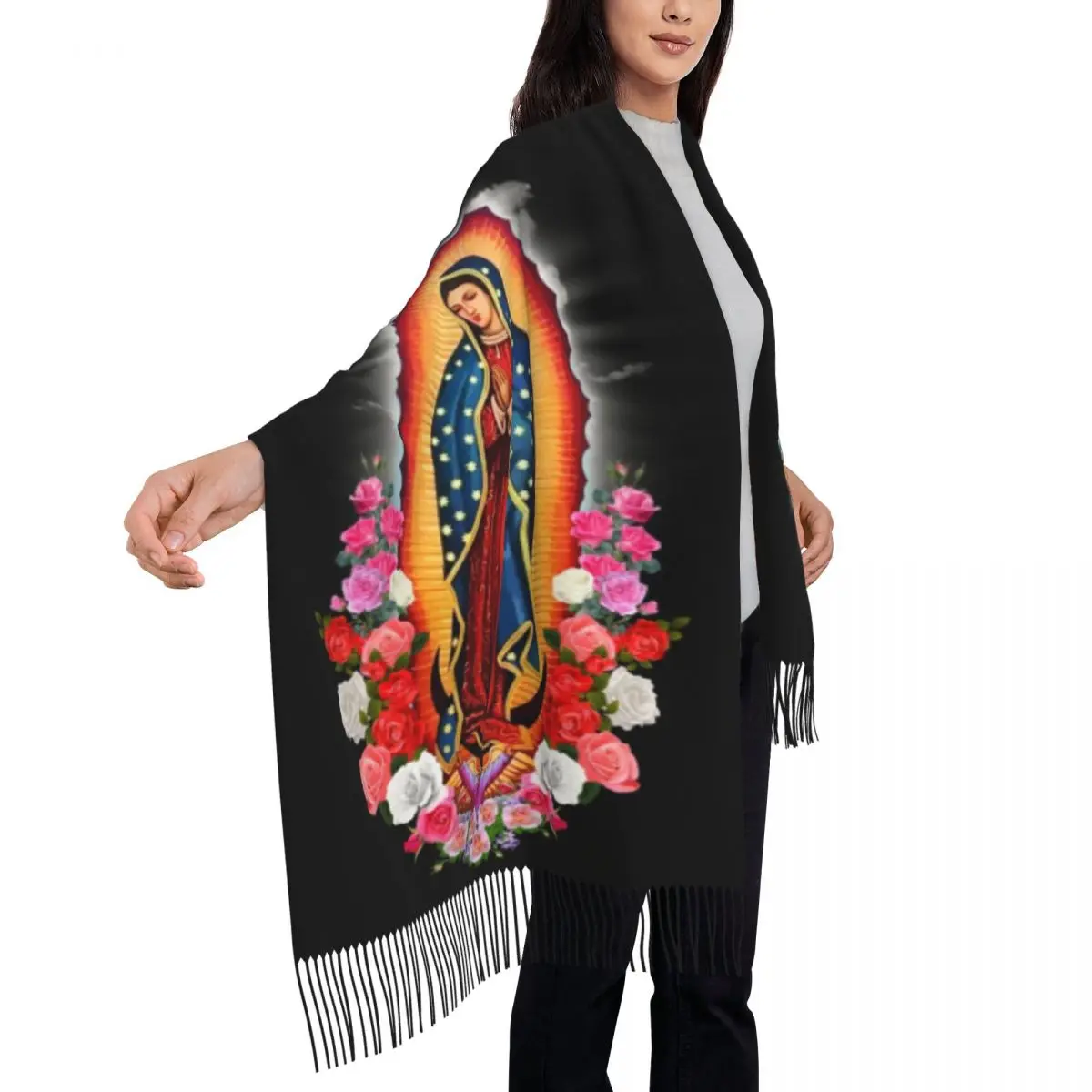 Virgin Mary Of Guadalupe Tassel Scarf Women Soft Mexico Catholic Saint Shawls Wraps Lady Winter Scarves