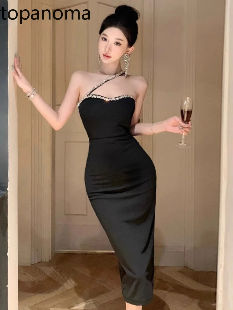 Topanoma Cocktail Women Evening Dresses Sleeveless Rhinestone Sexy Elegant Backless Vintage Wedding Party Banquet Dress Prom