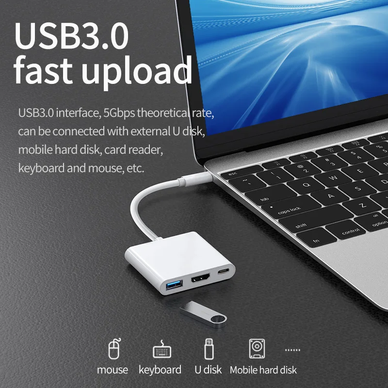 Type-C Docking Station 3 In 1 Hub Support 4K HDMI,USB3.0(5Gbps),100W Fast Charging for Macbook Pro/Air iphone15,Samsung,ipad pro