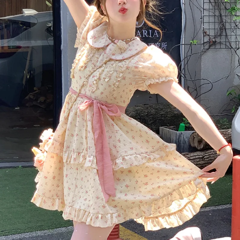 Sweet Dresses for Women Peter Pan Collar Summer Mini Printed Cute Girls Clothing Fashion Puff Sleeve Lace-up Ins College A-line