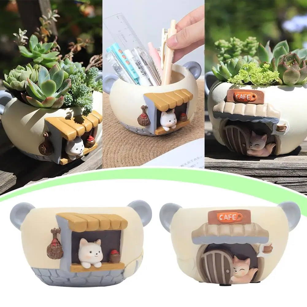 Cute Kitty Fox Small Plant Pot Resin Succulent Planter for Home Office Desk Mini Ornament Fairy