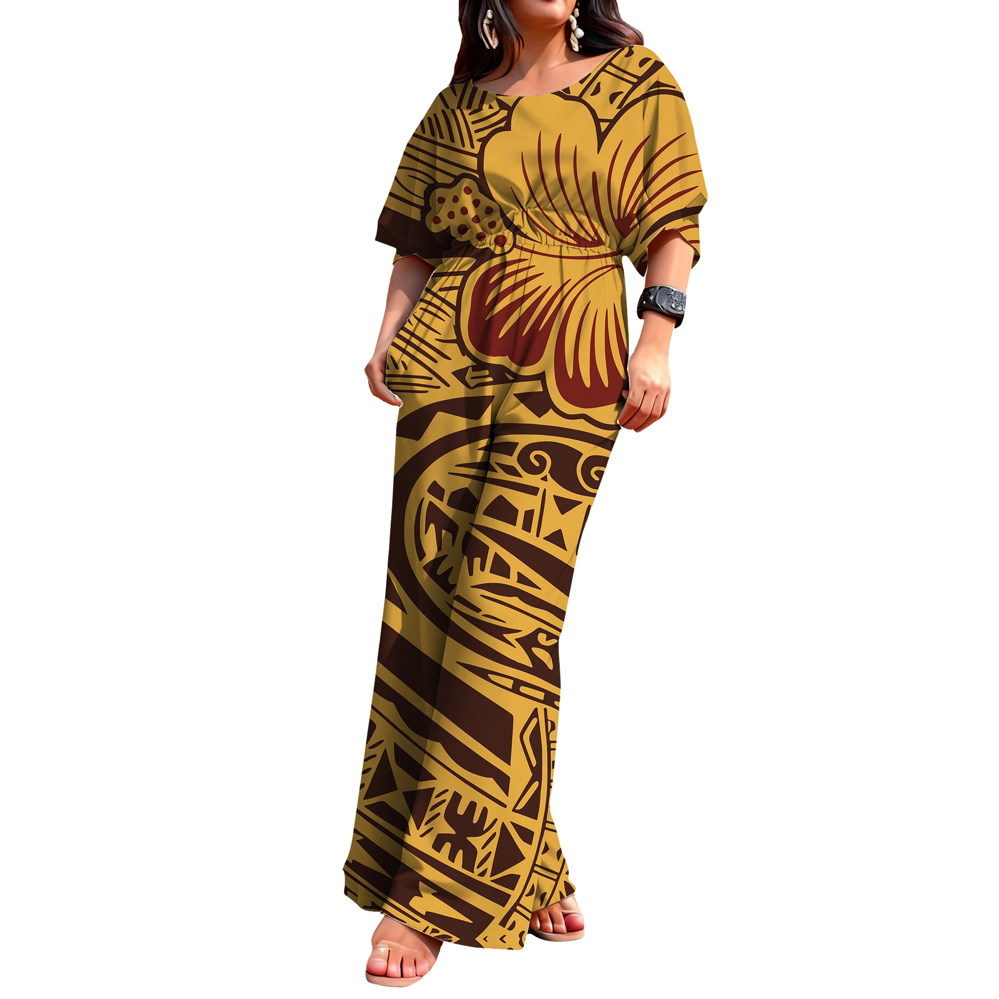 

Fashionable And Elegant Retro Floral Design Women'S Round-Neck Mid-Sleeve Jumpsuit Custom-Made Pattern Pacific Island Clothing