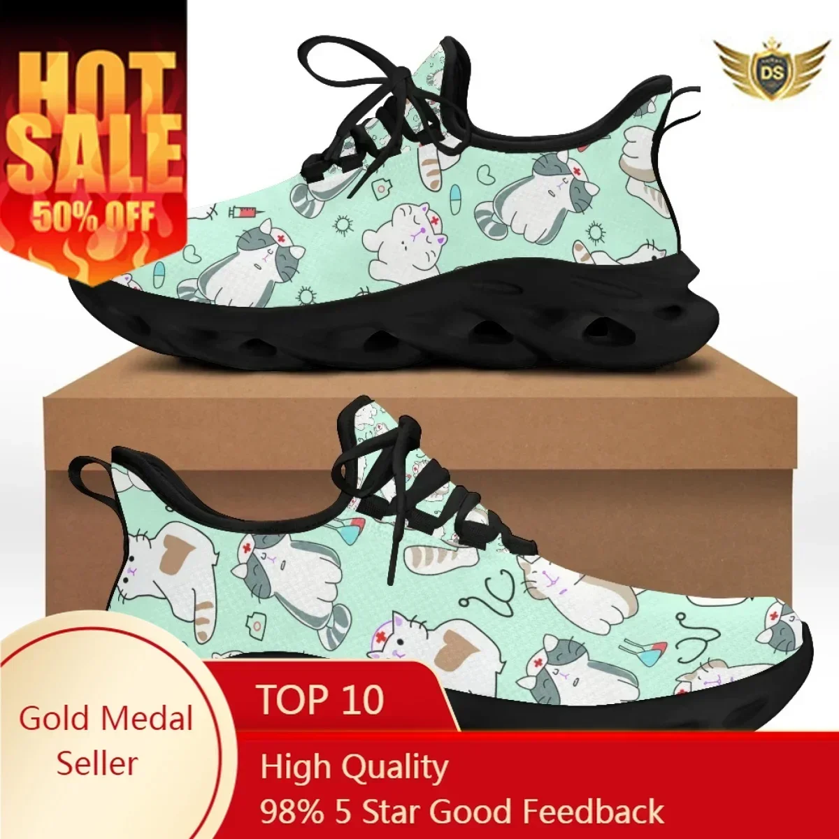 

Summer Spring Women Lace Up Casual Sneakers Teenager Girl Mesh Knit Sneakers Cute Nurse Cat Print Flats Female Shoe