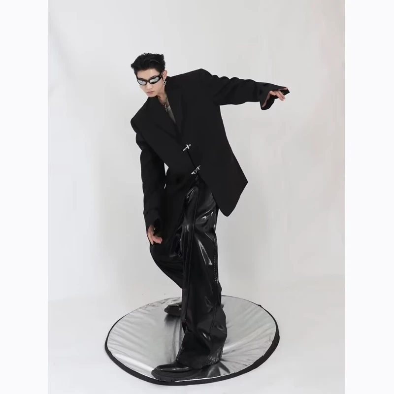 Oversized High Street Mens Suit 2024 Spring New Hip Hop Trendy V-neck Jacket Metal Buckle Wide Shoulders Casual Coats Male