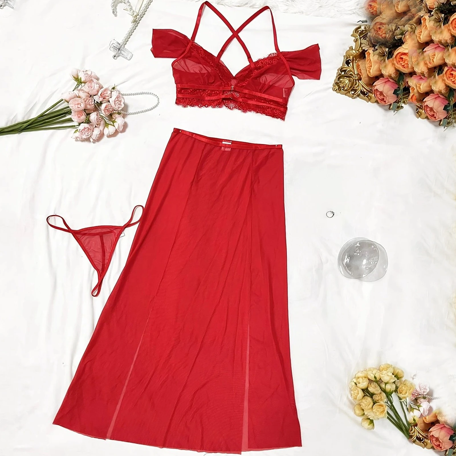 

Women's Erotic Naughty Lingerie Sets Halter Neck Lace Trim Tops Low Waist Thong Split Long Skirt Outfit