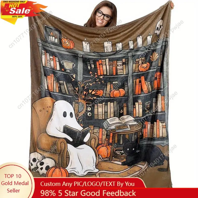 

Ghost Reader Halloween Blanket Book Enthusiast's Gift Throw Blanket Skeleton Reading Book for Women Bookworm Book Basket