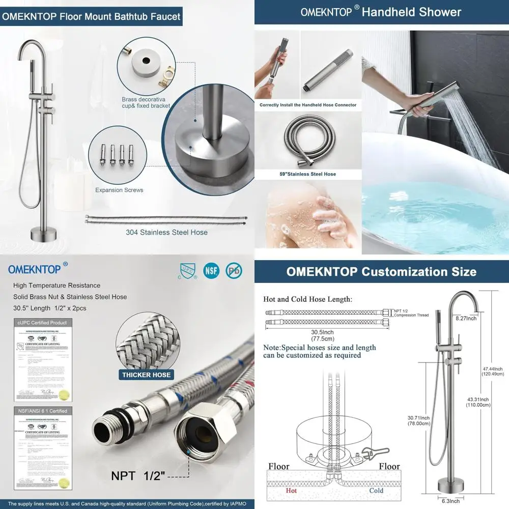 

Freestanding Bathtub Faucet with 360-Degree Swivel Spout and Handheld Shower for Modern Bathroom