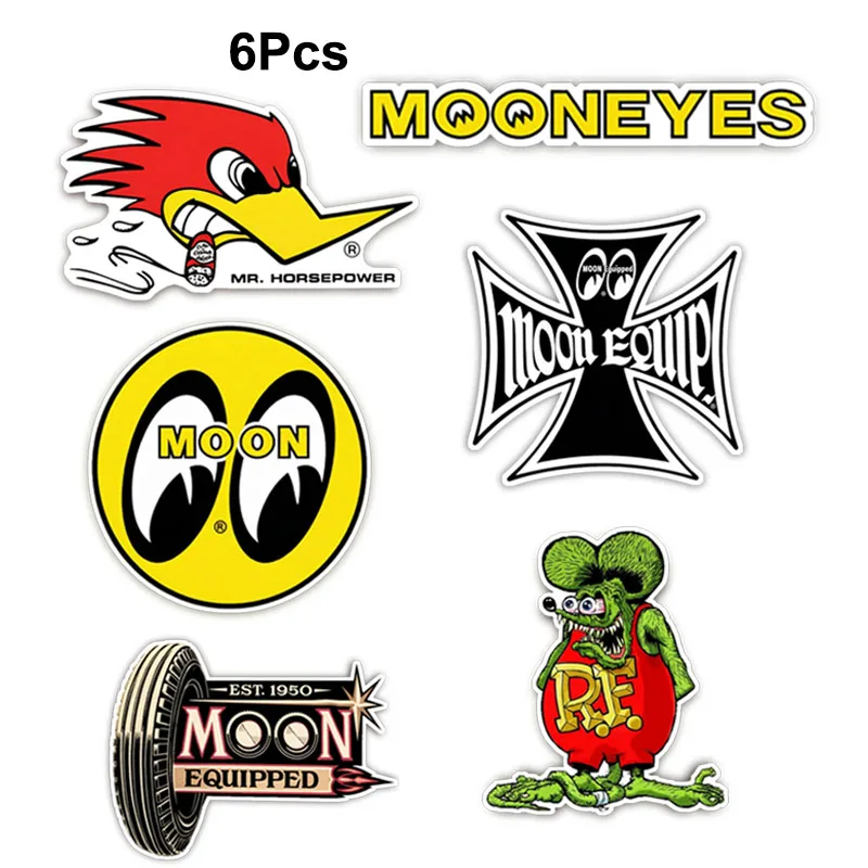 6Pcs Moon Equipped Hot Rod Stickers Set Vintage Retro Car Motorcycle Decals Waterproof Matte Pegatinas For Laptop Helmet Toolbox